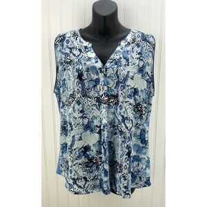 Hanna & Gracie Women's Sleeveless V-Neck Top Blue Abstract Print Shirt Large L